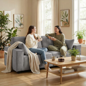 218 cm 3-personers sofa, moderne fløjlssofa med pocketfjederbetræk, brede armlæn og 2 hynder, lysegrå