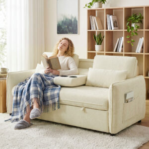 3-i-1 justerbar sovesofa, to-personers med kopholdere, justerbar ryglæn og sidelommer, beige