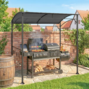 Grillpavillon 215 x 150 x 220 cm vandafvisende havepavillon med buet tag, havepergolaer med kroge, grillpavillon, havetelt grilltelt festtelt til havefest picnic grill, mørkegrå