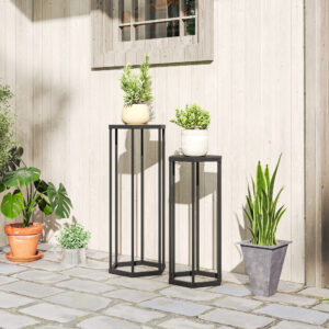 Sæt med 2 plantestativer til indendørs og udendørs brug, sekskantede metalblomsterpotteholdere til have, terrasse, balkon