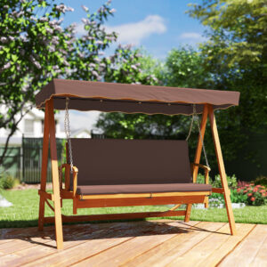 2-i-1 verandagynge med lænefunktion, 3-personers trægynge til haven, trægynge med soltag og siddehynde, gyngebænk op til 330 kg, til have, terrasse, 236 x 130 x 181 cm, brun