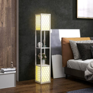 Gulvlampe i moderne design, 2 hylder, trækkædeafbryder, 26 cm x 26 cm x 156 cm, sort + hvid