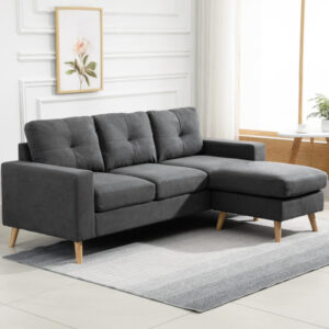 L-formet hjørnesofa, grå, med chaiselong, linnedlook, til 3 personer, 93x136x85cm, ideel til stuen