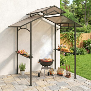 Grillpavillon med flammehæmmende tag, grillpavillon med 2 hylder, 2,5 x 1,5 m, stål PC, sort+brun