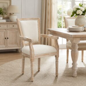 Spisestol Køkkenstol med armlæn og Linen Touch, Polstret stol i Vintage Design op til 150 kg, 59 x 63,5 x 96 cm