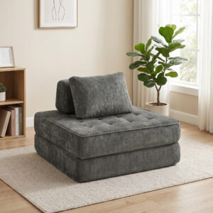 2-i-1 Boneless Cloud Sleeper Chair, Sammenklappelig Chenille Gulvstol med Tyk Støttehynde, Grå