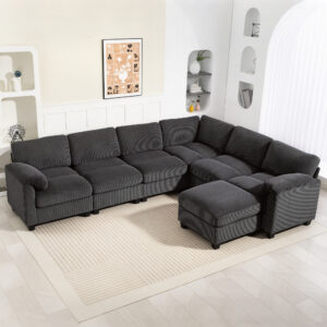 Hjørnesofa, U-formet sofa, sofa med fjederbetræk, polstrede armlæn, bevægelig puf, corduroy, 292x224x85 cm, mørkegrå