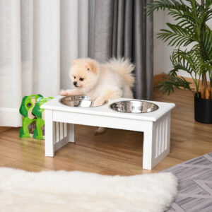 Foderstation til hunde, skridsikker, 44 x 24 x 15 cm, hvid, 0,9 l pr. skål