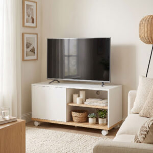 TV-bord på hjul med bremser, TV-møbel med skab og justerbar hylde, hvid og eg