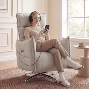 Elektrisk drejelig lænestol til voksne, lænestol med stof i linned-look og opladningsporte, beige