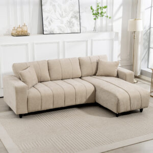 L-formet hjørnesofa med fleksibel chaiselong, 3-personers sofa med 2 hynder, metalstel, til stue, beige