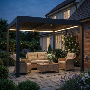 Pergola 3x3 m terrassetag i aluminium med LED-belysning, fjernbetjening, justerbart lameltag