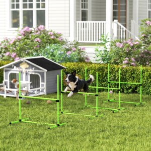 Agilitysæt til hunde, 4-delt, højdejusterbart agilityudstyr med 4 forhindringer, bæretaske, 99 x 65 x 94 cm, grøn