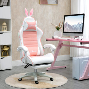 Gaming Chair Ergonomisk Gamerstol med Lændestøtte, Fodstøtte, Gamingstol med Kaninører, Nakkestøtte, Højdejusterbar Kontorstol med Justerbar Hvilefunktion Pink