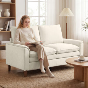 146 cm to-personers sofa, chenille sofa med dobbeltbetræk, fjerhynder, dybt sæde, højt ryglæn, cremehvid