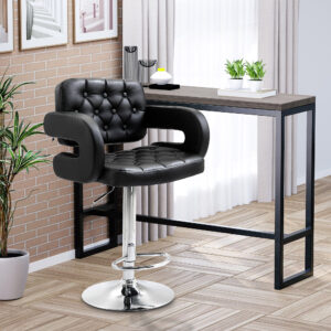 Barstol, højdejusterbar, 360° drejelig barstol med metalstel, ryglæn, fodstøtte, 61x50x93-113 cm, sort