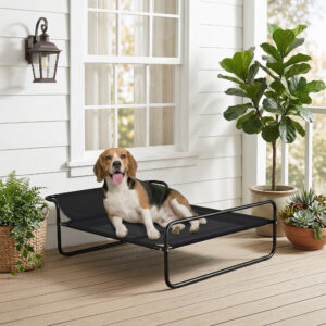 Udendørs hundeseng, hævet hundeseng med åndbart netbetræk, kæledyrsseng til små og mellemstore hunde, sort, 91 x 69 x 29 cm