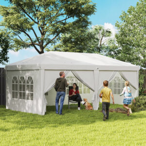 Foldbart pavillon 6x3m, aftagelige sidepaneler, store vinduer, lynlåsdøre, stålramme til camping, have, hvid