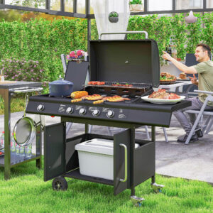 Gasgrill 15,2 KW grillvogn inkl. 5 rustfri stålbrændere, sidebrænder med hjul, 129,5 x 56 x 110 cm, sort