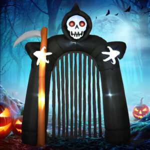 Stor Halloween havedekoration Grim Reaper selvoppustelige buegang med LED-belysning, 2,85 m