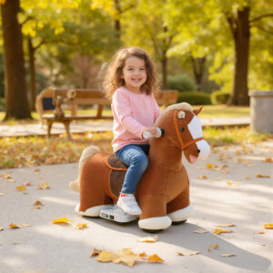 Ridehest til Børn, Blødt Betræk, Batteridrevet, Musik, Hjul, 1,5-5 År, Brun