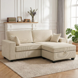 Hjørnesofa 216 cm 3-personers L-formet sofa med vendbar opbevaringsfod, fløjlslook, bredt sæde, til stuen