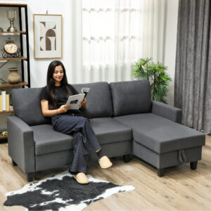 Hjørnesofa med sovefunktion og opbevaringsrum, L-formet sovesofa med omskiftelig chaiselong, til lejlighed og stue