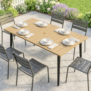 Havebord 150x90cm, vejrbestandigt balkonbord af stål, balkonbord med parasolhul, brunt