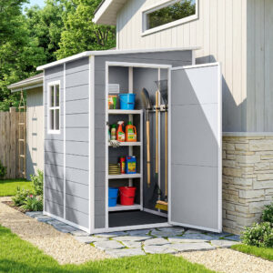 Haveskur 1,54m³, haveskur med nedhængt tag, 122 x 149 x 192/177 cm, redskabsskur med aflåselig dør, vindue, cykelgarage, haveskab i aluminium, til baghaven, have, grå