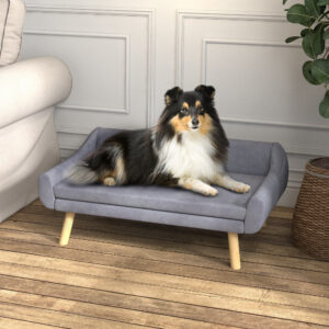Kæledyrs-/hundesofa, skandinavisk design, aftagelig hynde, fløjlslook, 102 cm x 58,5 cm x 42,5 cm, grå + natur