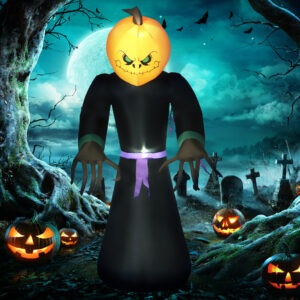 210 cm oppustelig græskarspøgelse, Halloween-gyserdekoration med LED-belysning, vandtæt oppustelig figur, polyester, til indendørs og udendørs brug