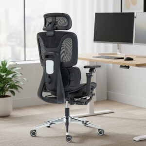 Ergonomisk kontorstol, skrivebordsstol med justerbar lænde- og hovedstøtte, 6D foldbare armlæn, fodstøtte, net, sort