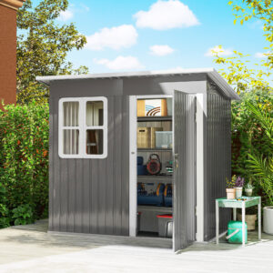 Haveskur 2,55m², haveskur med nedhængt tag, 221 x 133 x 190/173 cm, redskabsskur med aflåselig dør, vindue, cykelgarage, stålhaveskab, til baghaven, have, mørkegrå
