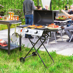 Gasgrill 5,6 KW, grillvogn inklusive 2 brændere i rustfrit stål, foldbar, sidehylder, hjul, 101 x 50 x 102 cm, sort