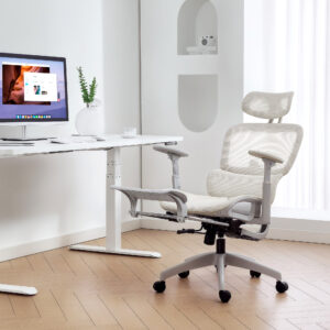 Kontorstol, Ergonomisk Skrivebordsstol med Netbetræk, Justerbar, Rullende, Med Armlæn, Nakkestøtte, Beige