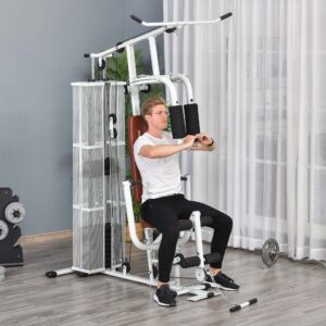 Hjemmegym, 45 kg kapacitet, med pressearm, bentræner, rullepuder, PU-læder, 150 x 110 x 210 cm, hvid