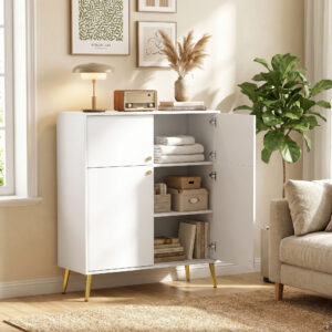 Moderne skænk, 105,4 cm buffet med 4 soft-close døre og metalfødder, til spisestue og køkken, cremehvid