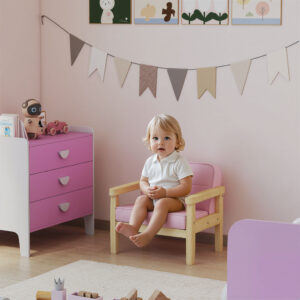 Børnelænestol, Børnesofa med Træramme, Corduroy-look, Polstret Børnestol til Børn i alderen 3-8 år, Til Børneværelse, Legerum, Pink