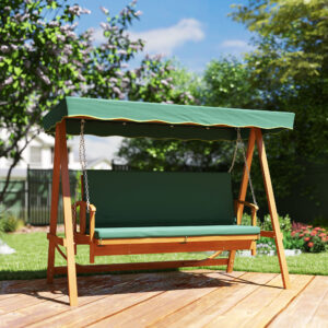 2-i-1 verandagynge med lænefunktion, 3-personers trægynge til haven, trægynge med soltag og siddehynde, gyngebænk op til 330 kg, til have, terrasse, 236 x 130 x 181 cm, mørkegrøn