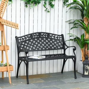2-personers bænk, havebænk i aluminium, metalbænk med armlæn, landlig stil, sort, 102,5 x 61 x 84 cm