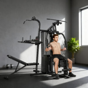 Multifunktionel træningsstation, hjemmefitnessmaskine til over 10 øvelser, vægte, justerbar fitnessbænk, sort
