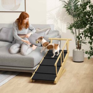 Hunderampe Klappbar Haustierrampe mit abnehmbaren Geländern, rutschfest, Hundeeinstiegshilfe bis 40 kg, 85 x 40 x 78,5 cm, Naturholz