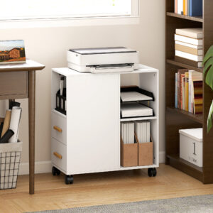 Printerstativ/bord med justerbar hylde, hjul til fax og scanner, 60 x 30 x 65 cm, hvid