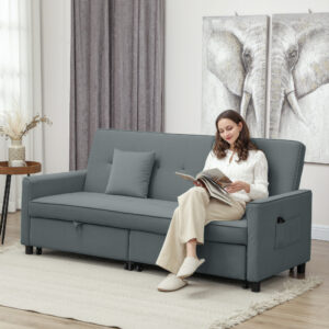 Sovesofa, Justerbar 3-personers sofa med sengefunktion, Sovesofa med udtræksseng, Hynder, Grå