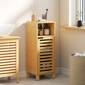 Badeværelsesskab, åben hylde, skab, bambustræ, lameldør, lysebrun