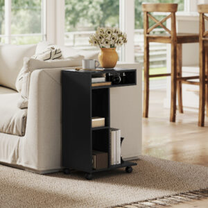 Sidebord, C-formet serveringsvogn, 4 hjul, 3 rum, 40 x 30 x 69 cm, sort