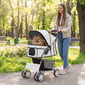 Sammenklappelig hundebåren/hundevogn med refleksstriber, opbevaringskurv og hynde til små hunde op til 10 kg, 77x44x102 cm, grå