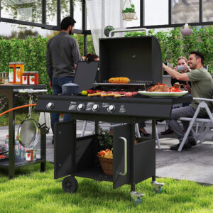Mobil gasgrill med opbevaringsplads, sidebord, sidebrænder, varmerist, termometer, rustfrit stål, sort