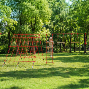 Ninja Line Kids 10m Slackline Sæt med Gymnastikringe, Gynge, Klatrestige, Klatrenet til 3-6 år, 1000x300x180 cm, Rød