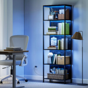 5-etagers bogreol med LED-belysning, 7 lysfarver, til stue, 60 x 30 x 179 cm, sort